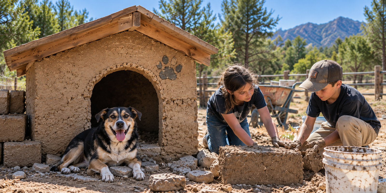 Kids working with earth building materials beside a handmade natural-material doghouse and dog